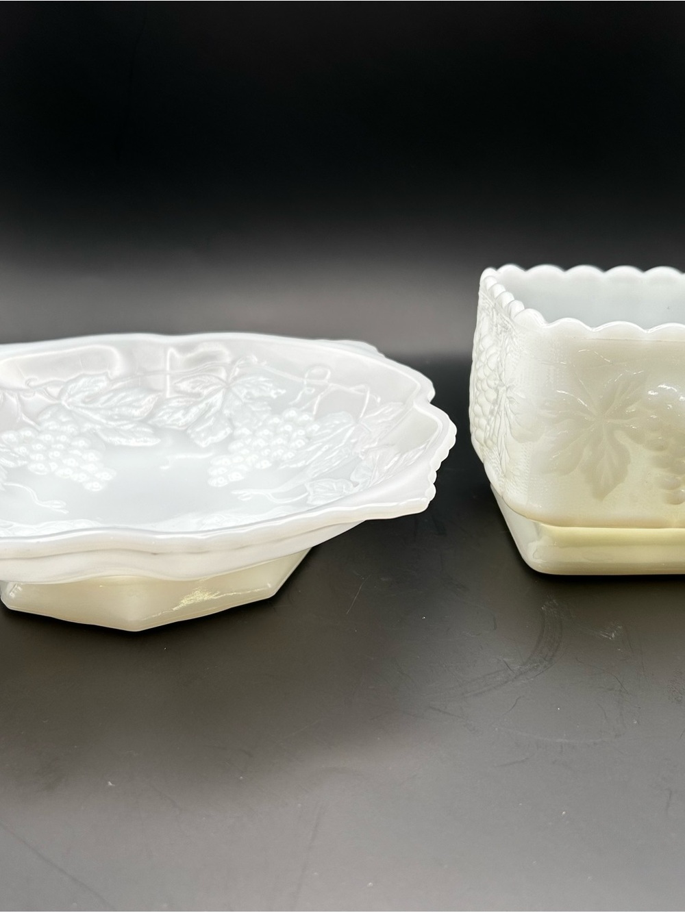 Anchor Hocking White Milk Glass Grape & Leaf Serving Bowl and Square Planter